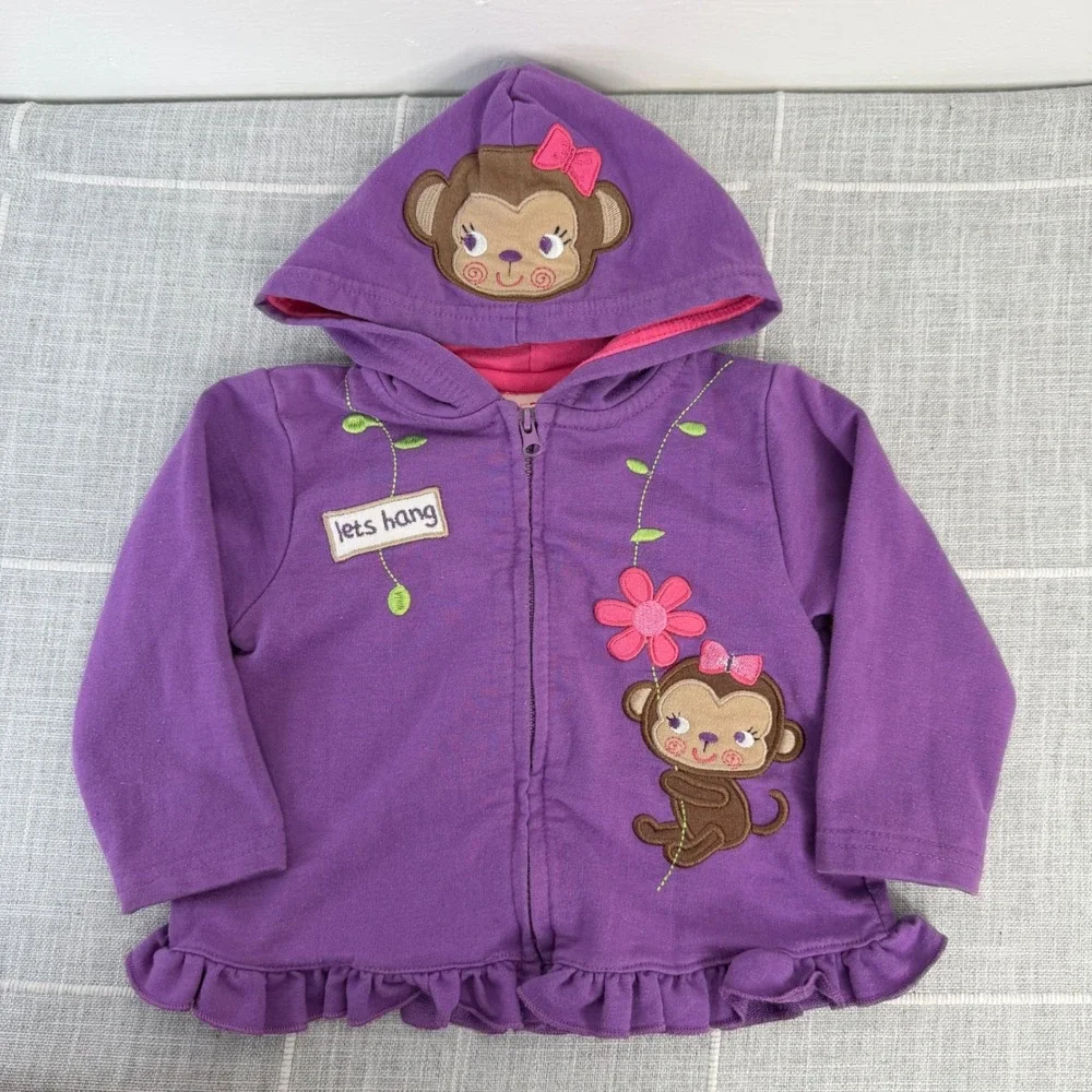 Y2K WeePlay 12 Months Purple‎ Full Zip Hoodie Monkey Flowers Pink 
